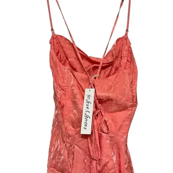 For Love & Lemons Gabrielle Floral Satin Jacquard Slip Mini Dress Peach Pink S - Picture 4 of 10